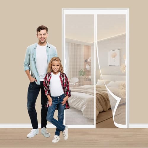 Moustiquaire Porte Fenetre Magnetique 83 x 205 cm Fermeture Automatique Anti Insectes Respirant Moustiquaire Rideau Anti Mouche pour Balcon & Terrasse, Blanc