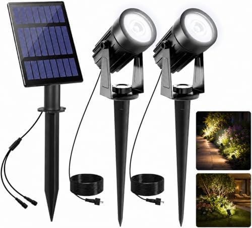 LED Solar Spot Lights Outdoor Garden Landscape Lamps, 6000K White Light Outdoors Security Lights Gardens Uplighters Waterproof IP65 Solar Spotlight for Garden Yard Lawn Path