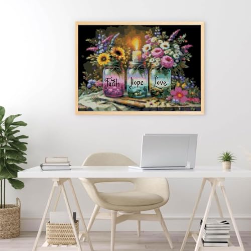 Image of MYBISYMQQ Faith,Hope,Love Cross Stitch Kits, Stamped Cross Stitch Kit for Adult Beginners, Full Line DIY Cross Stitch Stitching Kit for Home Decor Cross Stitch Patterns 15.7x11.8 inches