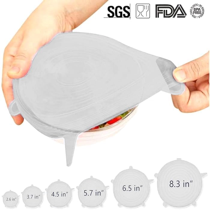 Brazilian (Free Size) Microwave Safe Silicone Stretch Lids Reusable Flexible Covers for Round, Square Bowls, Dishes, Plates, Jars and Mugs Food and Bowl Cover (Pack of 6) (White) 4