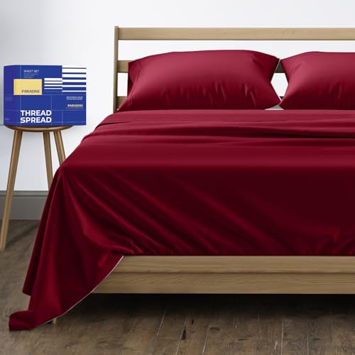 Image of THREAD SPREAD California King Bed Sheets, Luxury 1000 Series Paradise Collection 100% Egyptian Cotton Cal King Sheets Set (4 PC, Burgundy), Silky Soft, Cooling, 16 inch Deep Pocket Hotel Sheet Set
