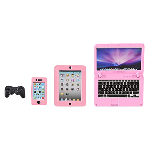 LZQINXUN 4 Pack Dollhouse Accessories,Toy Laptop,Barbie Phone,Mini Tablet and Gamepad,Scene Simulation for Doll 1/6 1/12 Scale,Miniature Toys,Barbie Accessories (Pink)