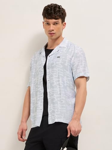 Image of THE BEAR HOUSE Men's Blue Tailored Fit Full Sleeve Cotton Printed Shirt