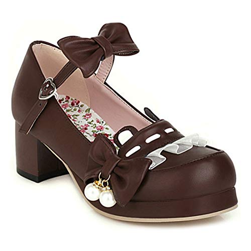 VOKLIN Women's Girls Lolita Mary Jane Shoes Sweet Bow Ankle Strap Block Mid Heel Princess Oxford Dress Pumps