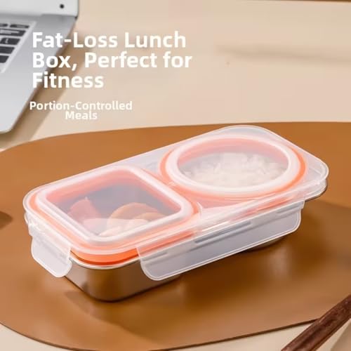 Image of Motka Stainless Steel Bento Lunch Box with 2 Compartment | 460 ml Leakproof Lid, Portion Control Meal Box | BPA Free Food Storage Container | Dishwasher, Freezer Safe | Office School Travel - Orange