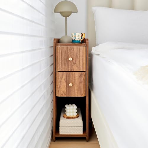 Narrow End Table Bedroom, Wooden Small 2 Drawer Nightstand, Thin Couch Side End Table, Skinny Bedside Table Small Spaces, Mid Century Modern Night Stand with Drawers (Walnut-1 pc)