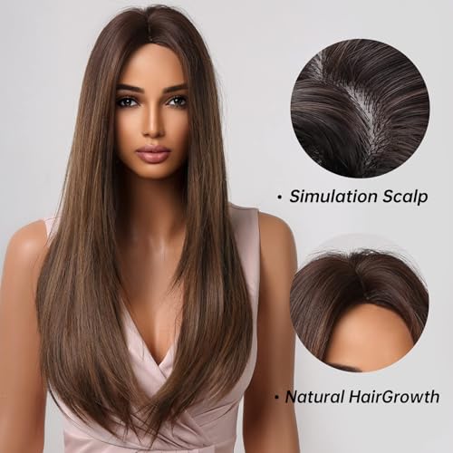 Allbell Brown Wigs for Women Long Straight Wig Layered Brown Hair Wig 24Inch Middle Part Dark Brown Wig Natural Heat Resistant Synthetic Fiber Wig for Party Halloween - Image 3