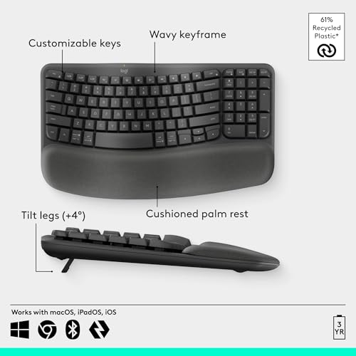 Image of Logitech Wave Keys Wireless Ergonomic Keyboard with Cushioned Palm Rest, Comfortable Natural Typing, Easy-Switch, Bluetooth, Logi Bolt Receiver, for Multi-OS, Windows /Mac - Graphite