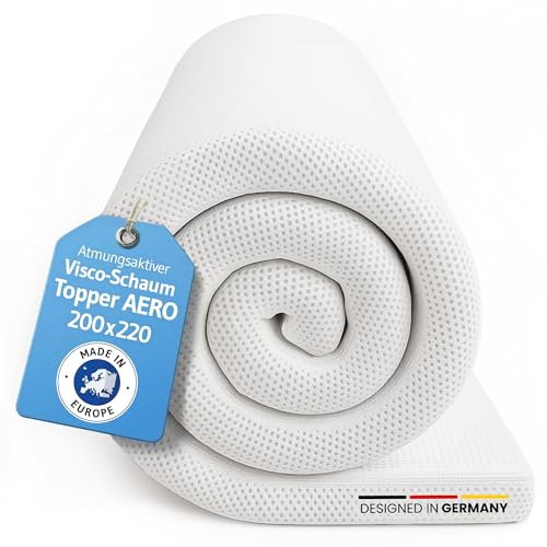 Topper 200x220 AERO Oekotex Zertifiziert Memory Foam Matratzentopper 200x220cm Atmungsaktiver Mesh-Bezug Gummizug für festen Halt Designed in Germany Made in Europe Matratzen-Auflage mit 5 cm