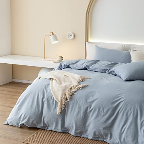 Jiyuan 100% Washed Cotton Duvet Cover Set Comfy Simple Style Solid Color Soft Breathable Textured Durable Linen Feel Bedding Sets For All Seasons Queen Size, Light Blue #TOP3