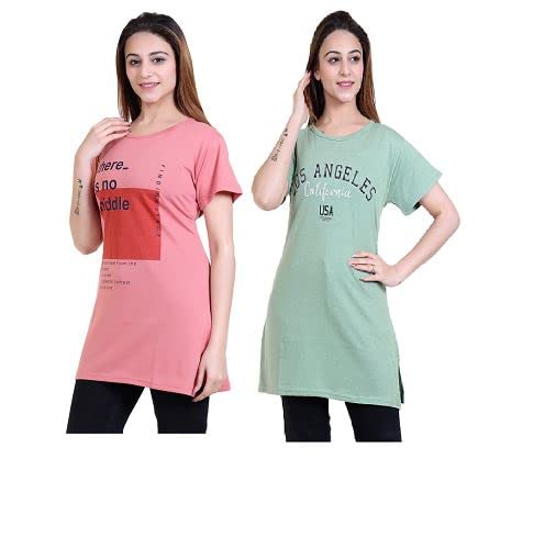 Image of New Crush Women Cotton Printed Regular Fit T-Shirts /Top /Long Night Wear T-Shirt for Women's & Girls (Pack of 2)