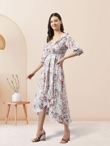Image of KERI PERRY Women's White Rayon Floral Printed High Low Western Dress | Dress for Women | A line Dress | Summer Dress|Western Dress | Women Dress | Trendy Dress for Dress | Midi Dress