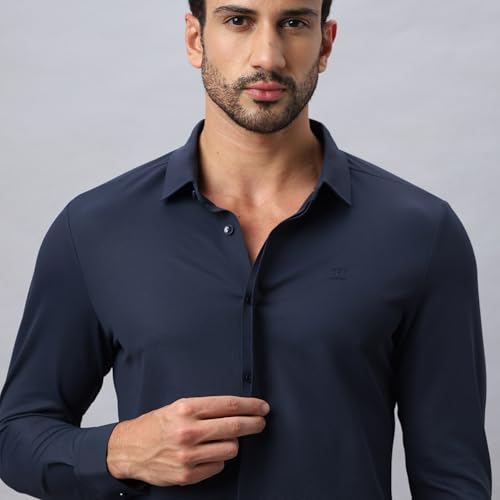 Image of HEKTOR Men's Hidden Button Shirt-Long Sleeve Bubble Check Shirt|Premium Nylon Blend, Regular Fit,Textured Smart