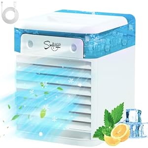 Portable Air Conditioner, Mini Air Conditioning Unit with 500ml Tanks, 3 Wind Speed & 2 Spray Cool Mist, Super Battery & 7 LED Light Air Cooler, Small Personal Cooling Fan for Bedroom, Office Desk Fan
