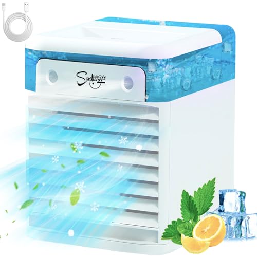 Portable Air Conditioner, Mini Air Conditioning Unit with 500ml Tanks, 3 Wind Speed & 2 Spray Cool Mist, Super Battery & 7 LED Light Air Cooler, Small Personal Cooling Fan for Bedroom, Office Desk Fan