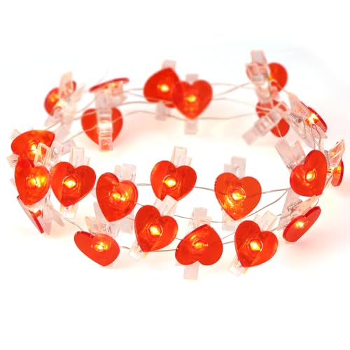 Lot de 20 LED Guirlande Lumineuse Photo, 2m Chaîne Lumineuse Guirlande Coeurs Love avec 20 Clips de Coeurs Rouges Ado Fille Decoration Chambre Photo Suspendre...