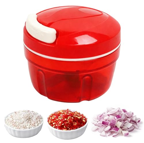 Cortador Cebolla Manual con Cuchillas Acero Inoxidable & Cuerda, Multipicadora Verduras 300 ml, Picadora Ajo Cocina Multiusos, Trituradora Alimentos Hogar para Carne, Frutas (Rojo)