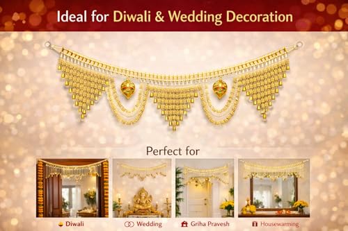 Image of Premium Golden Beads Toran for Door | Designer Bandarwal with Leaf Motifs & Hanging Bells | Traditional Door Decoration for Diwali, Wedding, Griha Pravesh & Pooja