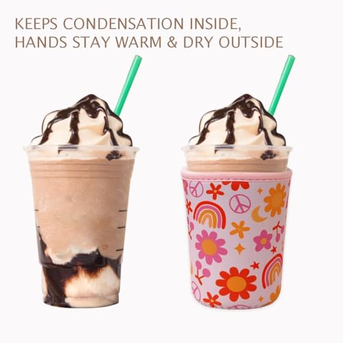 Image of Reusable Insulated Neoprene Iced Coffee Cup Sleeve, Durable Drink Sleeve for Cold Beverages, Beverage Holder for Iced Coffee, Groovy Flower