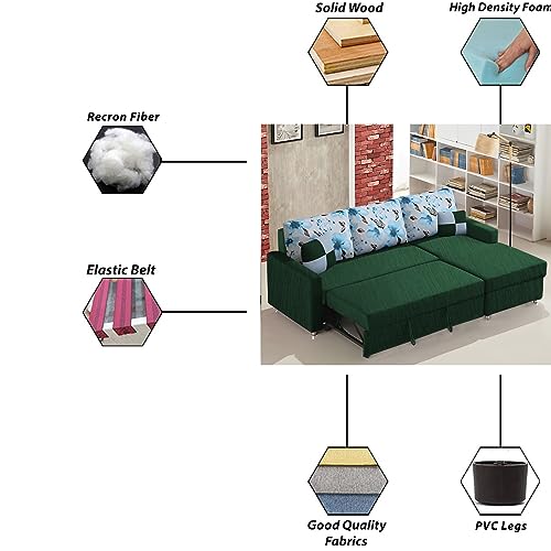 Image of Orland 4 Seater LHS L Shape Sofa Cum Bed for Living Room | Color - Green | Premium Fabric Sofa