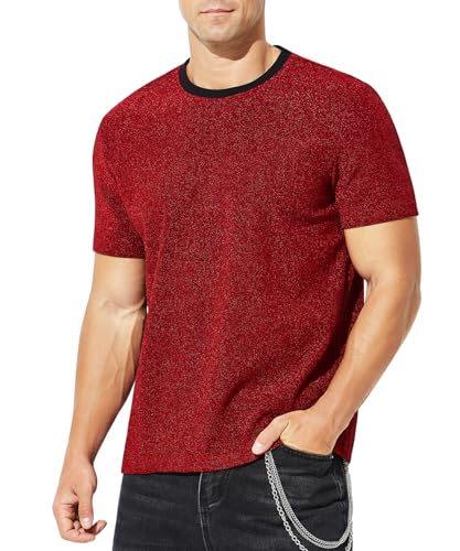 Image of Casey Kevin Men's Sparkly T-Shirts Sequin Tops Shiny Disco Shirt Rave Glitter Party Oufit Light Short Sleeve Reflective Shirts,Red,S