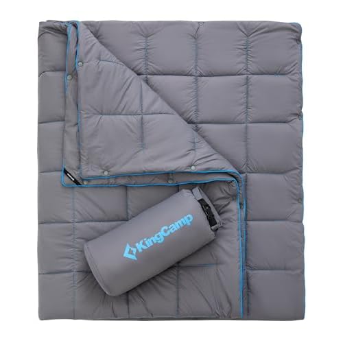 KingCamp Ultralight Camping Blanket, Packable Down Alternative Puffy Wearable Blankets Weatherproof Warm Package Quilt with Snap Buttons for Outdoor Hiking Travel Picnic Stadium (69″ x 53″, Charcoal)
