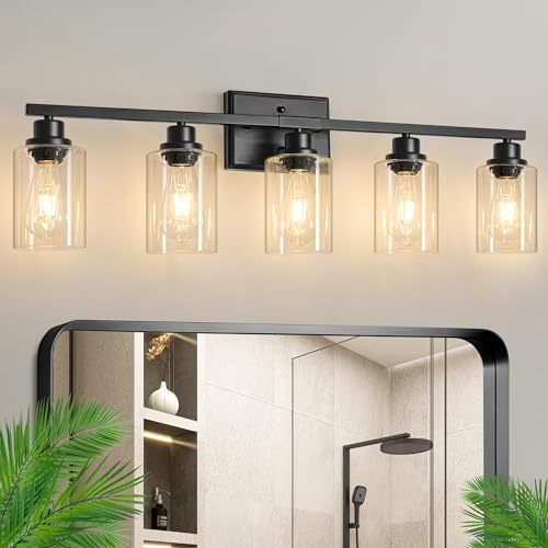 Image of Ascher 5-Light Bathroom Light Fixtures, 33 Inch Vanity Lights with Clear Glass Shade, Modern Black Finish Wall Light for Mirror Bedroom Hallway Cabinet Porch
