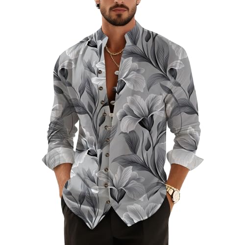 Men's Cotton Linen Stand Collar Shirt Long Sleeve Button Down Floral Pattern Casual Top for Spring Summer