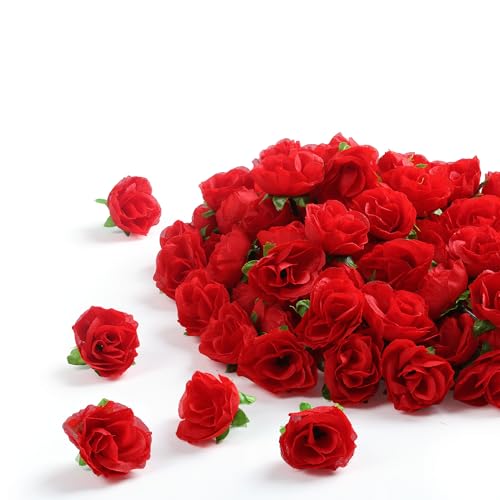 Sahoottie 100 Stück Rote Kunstrosen Köpfe 3CM Mini Kunstblumen Rosen Köpfe Rote Künstliche Rosen Blumen für Zuhause Hochzeit Party Festival Deko DIY Blumenwand