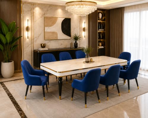 Image of 8 Seater Dining Table Set with Nano Composite Marble Top, Solid Wood Base & 8 Upholstered Chairs, Modern Dining Table Set for Home & Dining Room Furniture