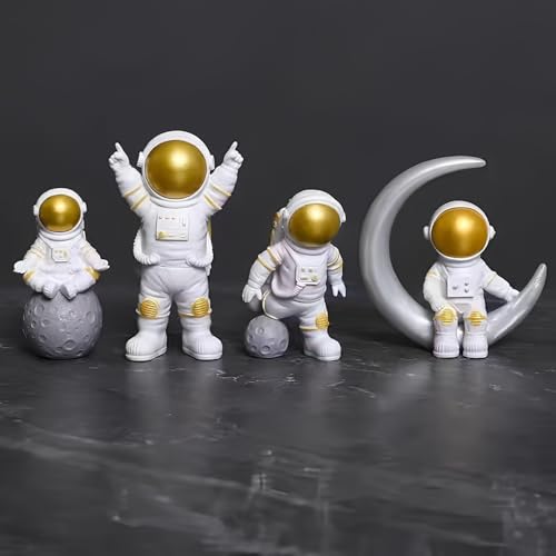 Image of Ni-JASW Gold White Astronaut Statues Set of 4, Spaceman Sculptures Figurines Space Theme Decor for Room Shelf Desk Cake Toppers