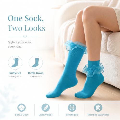 Image of Women Big Ruffle Socks Adult Lace Frilly Turn Cuff Dress Socks