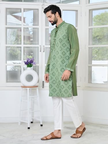 Image of See Designs Men's Full Sleeve Mandarin Collar Embossed Printed Cotton Chanderi Straight Long Kurta - Festive Collection