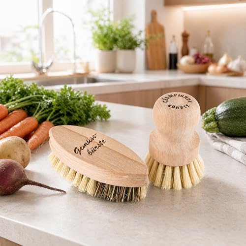 Foto von Lantelme Obst und Gemüsebürsten Set 2 Teilig vom unbehandeltem Buchenholz aus Deutschland mit Naturborsten | Bürstenset Ideal zur Reinigung und abwaschen von Obst Gemüse Pilzen Bürsten