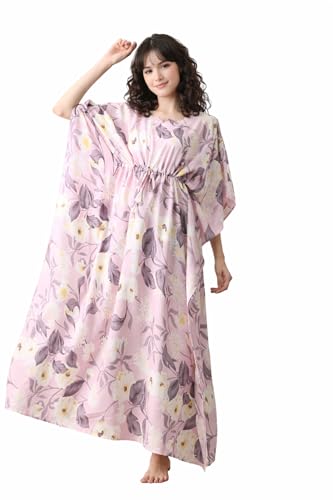 Image of Ichaa Women's Pink Rayon Printed Round-Neck Kaftan-Style Free Size Nighty with Drawstring