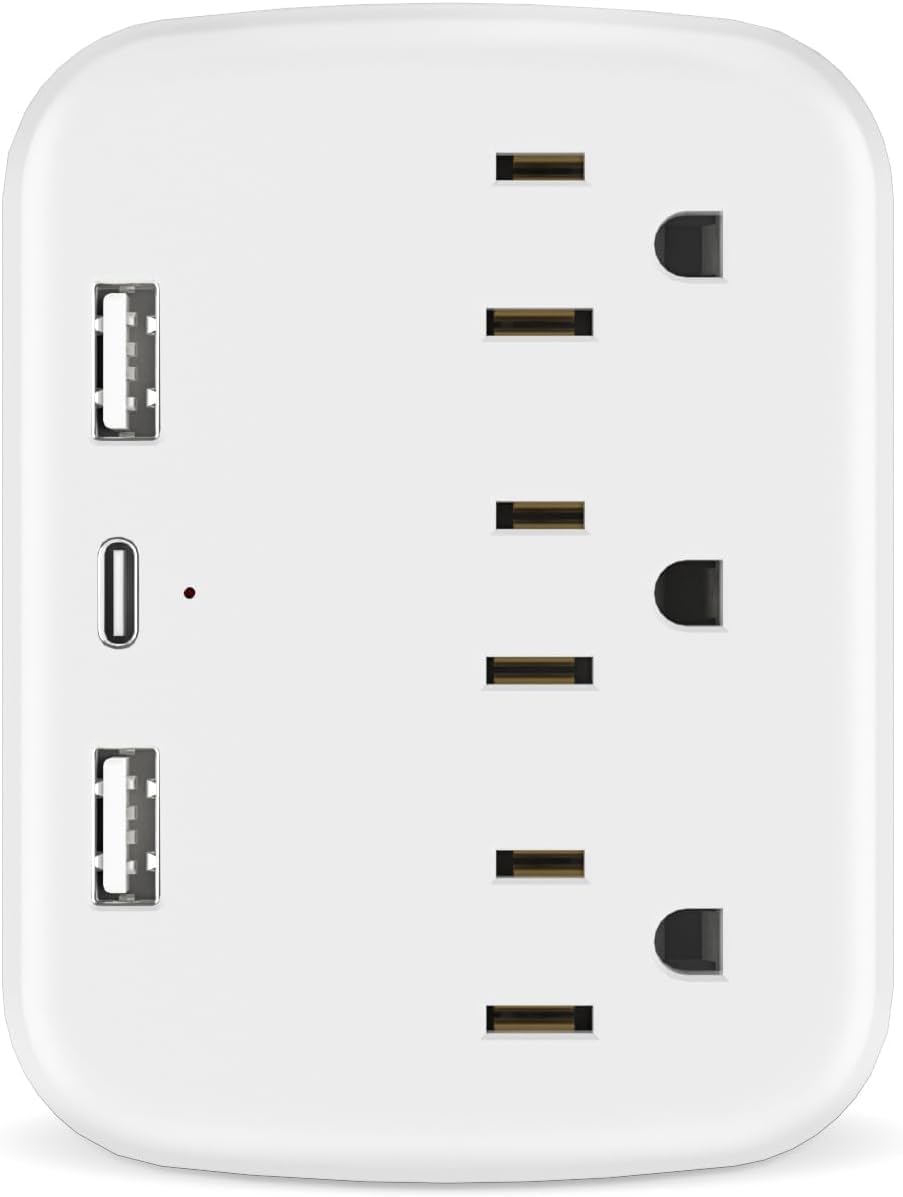 Outlet Extender Multi Plug Wall Outlets, Surge Protector, Wall Plug Splitter with 3 AC Outlets & 3 USB Ports (2 USB-A + 1 USB-C), Plug Adapter for Home