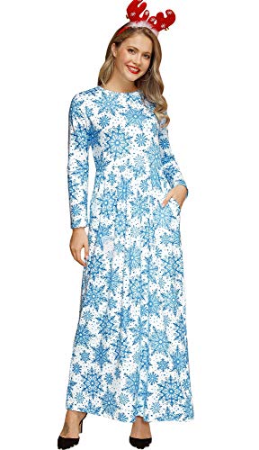 Women's Christmas Holiday Crew Neck Casual Adult Long Sleeve 3D Dress Graphic Ugly Funny Maxi Outfit Blue Snow L