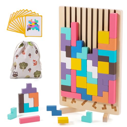 Holzpuzzle Tetris, Montessori Lernspielzeug 3 4 5 6 Jahre, 3D Stapelpuzzle Bunt Farben Formen Sortieren Stecken, Geometrie Puzzle, Gehirn Spielzeug Geschenk für Kinder Bags with Drawstring