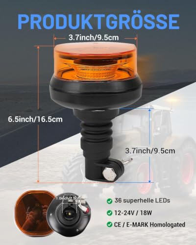 SUPAREE 12/24V Rundumleuchte Steckbar LED Rundumleuchte für Traktor mit Schalter 12 Blinkmuster IP67 Wasserdicht Amber für Traktor LKW PKW Traktoren Gabelstapler