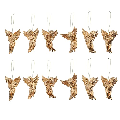 12 piezas de colgante de árbol de Navidad, decoraciones de ángeles colgantes de Navidad, colgante de mini querubines, colgante de figura de ángeles para adornos de fiesta de árbol de Navidad, dorado