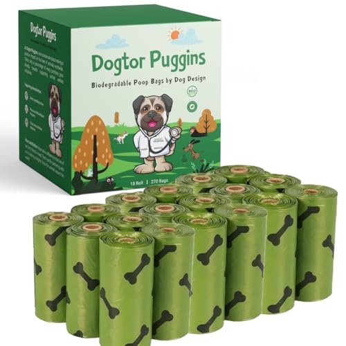 Image of Dogtor Puggins Biodegradable Poop Bags | Leak-Proof, Extra-Thick, Easy-Tear | 270 Bags (18 Rolls) | Eco-Friendly, Odor-Control | Supports Animal Welfare | Multipurpose Use