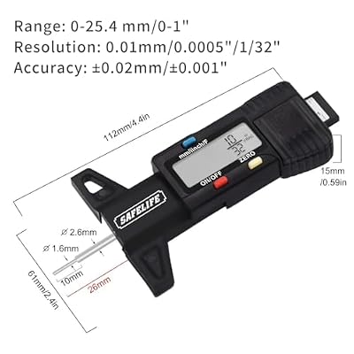 SAFELIFE Digital Tire Tread Depth Gauge, 3 Modes-Fractional Inch, Decimal Inch and Millimeter, Zeroable Tire Tread Depth Gauge for Motorcycles,Cars,Trucks Accurate Tyre Tread Depth Gauge-Black