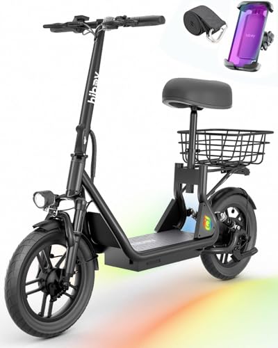 Hiboy Q2 Electric Scooter with Seat for Adults, 500W Peak Motor, 20MPH, 22 Miles Range, Foldable, Dual Suspension, Front & Rear Drum Brakes, Commuter E Scooter with Basket & Phone Holder, Pure Black