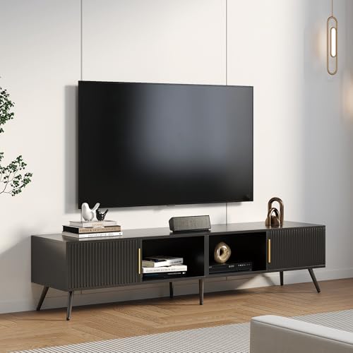 KEEPREAPER TV Schrank 171cm Lowboard Modern mit Wellenfront und Metallgriffen TV Lowboard Stehend für 75 Zoll Fernseher Fernsehtisch mit Kabeldurchlass für Wohnzimmer (Schwarz)