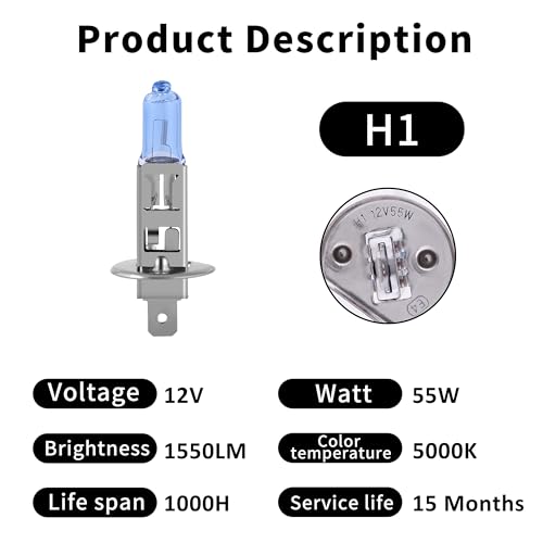 Image of H1 Headlight Bulb Halogen Bulb 5000K Super White Light Long Life Replacement P14.5S 12V /55W (H1, 2 Pack)