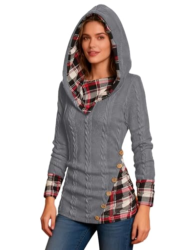 Image of ZEZCLO Women's Twisted Cable Knit Plaid Print Hooded Sweater Mock Button Ruched Shawl Neck Knit Top