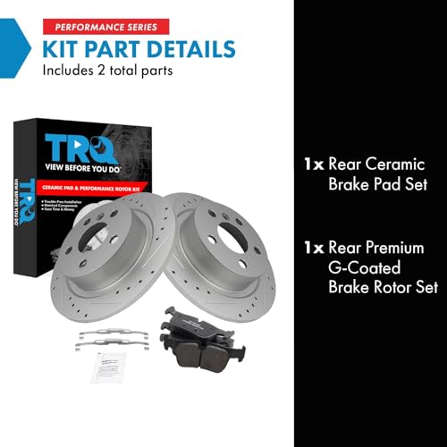 Image of TRQ Performance Rear Brake Pad and Rotor Set Ceramic Coated Drilled Slotted Rotors Compatible with 2014-2020 BMW i3 2018-2020 i3s 2016-2021 Mini Cooper Clubman 2017-2021 Cooper Countryman