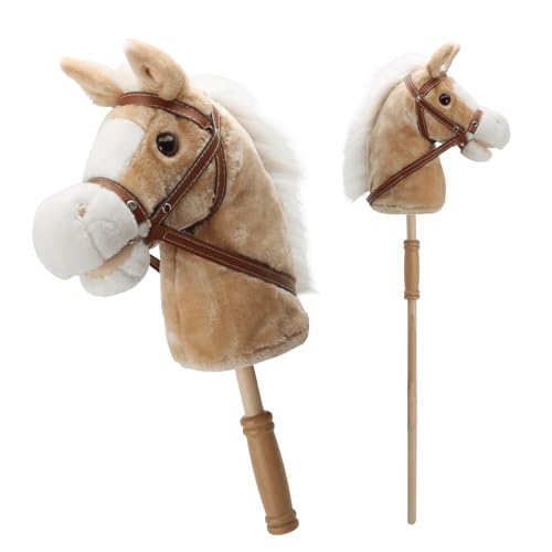 Image of Linzy Toys 35.5 inch Plush Stick Horse - Funny Hobby Horse with Pony Sound, Soft Realistic Mane & Durable Leather Reins, Pretend Play Riding Toy for Boys & Girls Ages 3+ (Light Brown)