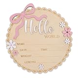 TTMerriwood Hello World Wooden Baby Birth Announcement Sign, Pink Floral Newborn Name Date Time Weight Length Board, Baby Girl Nursery Decor Photo Prop Keepsake (Light Pink)