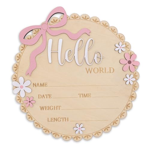 Image of TTMerriwood Hello World Wooden Baby Birth Announcement Sign, Pink Floral Newborn Name Date Time Weight Length Board, Baby Girl Nursery Decor Photo Prop Keepsake (Light Pink)